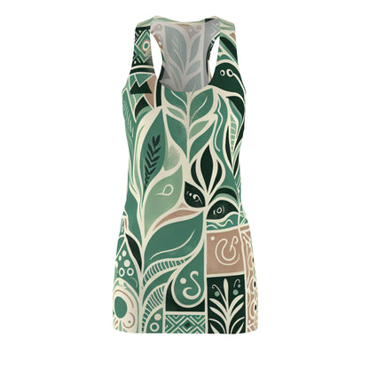 Thea Sinclair Pastel Green Racerback Dress with intricate block print design, offered by Dazzling Dreams Studio, showcasing elegant modern femininity.