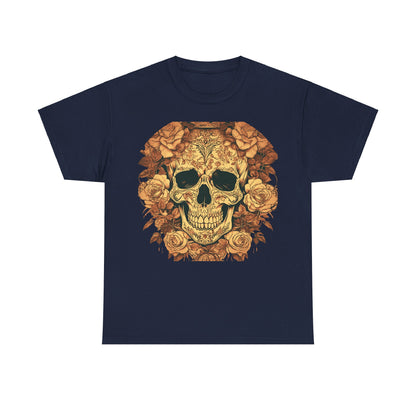 Elegant unisex graphic Skulls and Roses Cotton Tee in navy blue, showcasing a striking skull design surrounded by roses.