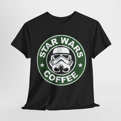 Elegant Star Wars Coffee graphic t-shirt design featuring a Stormtrooper helmet in a circle logo, perfect for coffee aficionados and Star Wars enthusiasts.