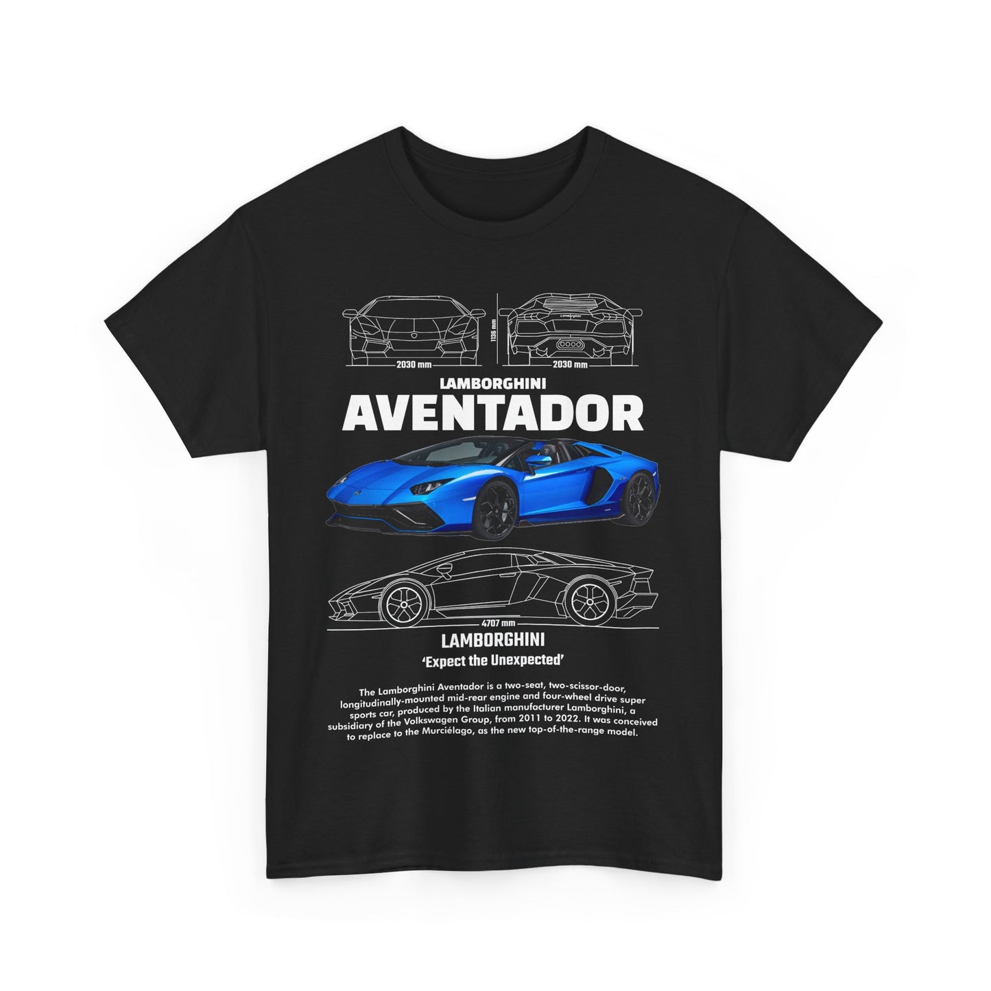 Front view of a stylish black men's T-shirt featuring a vibrant blue Lamborghini Aventador graphic and detailed line drawings, perfect for car lovers.