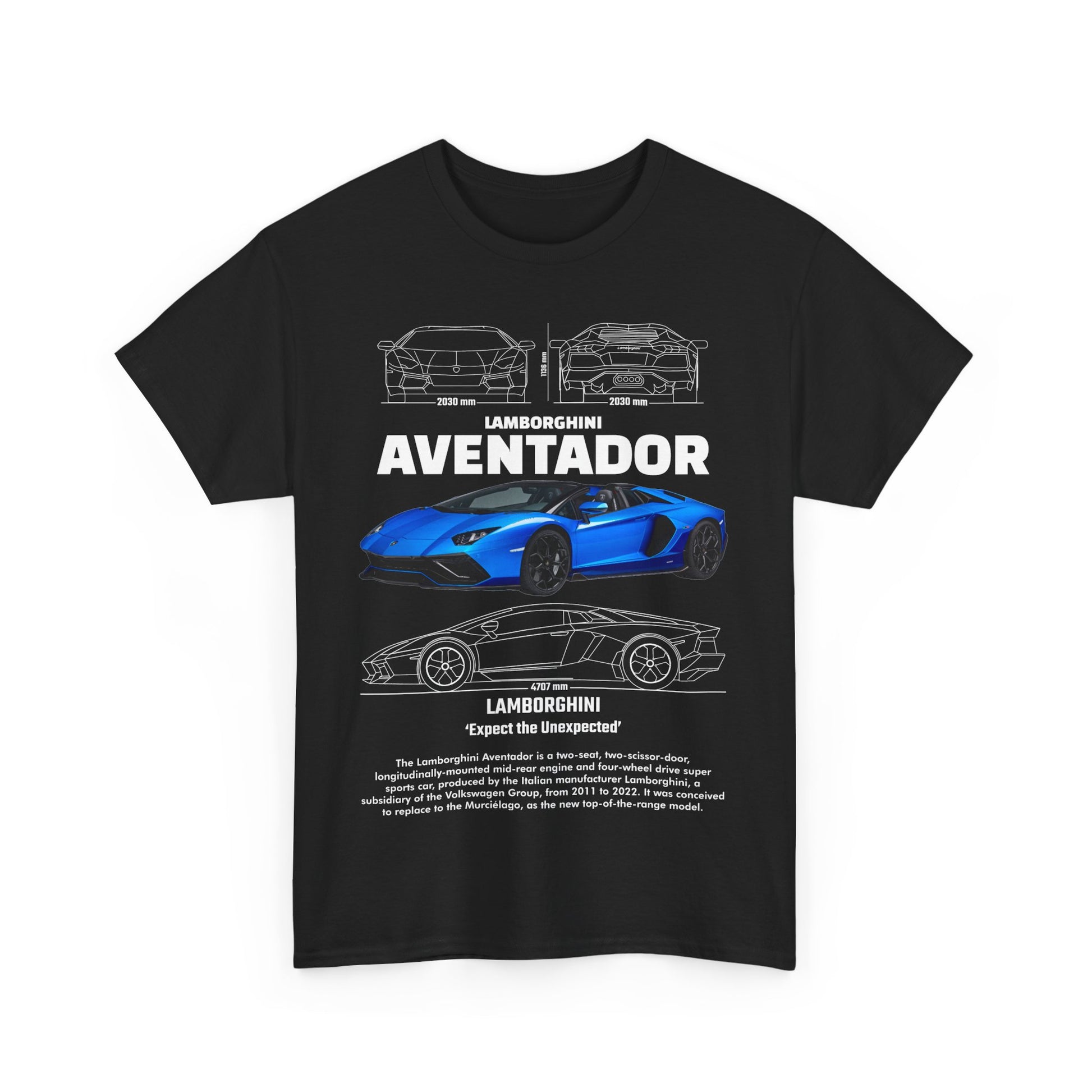 Front view of a stylish black men's T-shirt featuring a vibrant blue Lamborghini Aventador graphic and detailed line drawings, perfect for car lovers.