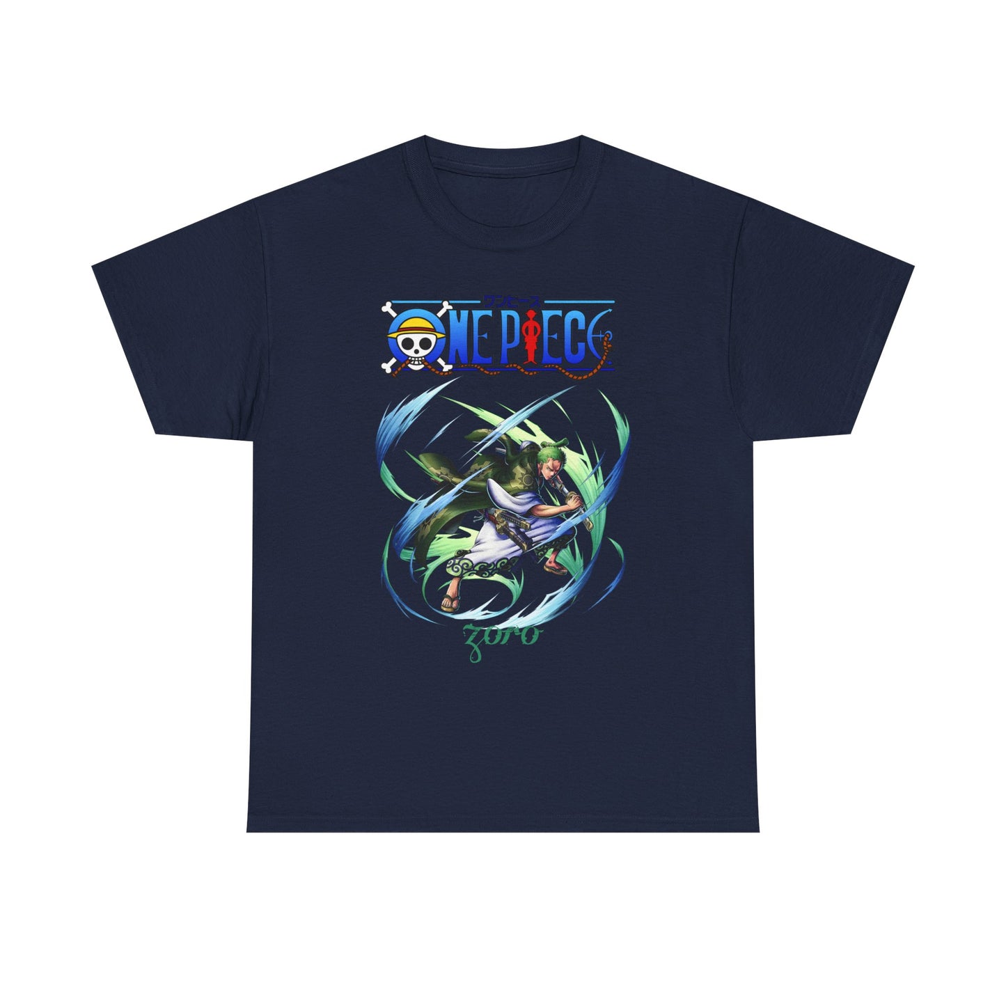 Elegant navy blue t-shirt presenting a captivating image of Zoro from One Piece, captured in a powerful action pose with stunning energy trails, a must-have for fashionable anime fans.