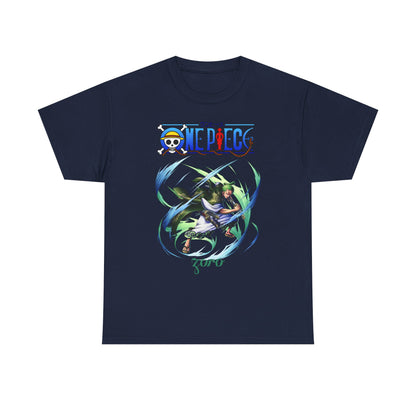 Elegant navy blue t-shirt presenting a captivating image of Zoro from One Piece, captured in a powerful action pose with stunning energy trails, a must-have for fashionable anime fans.