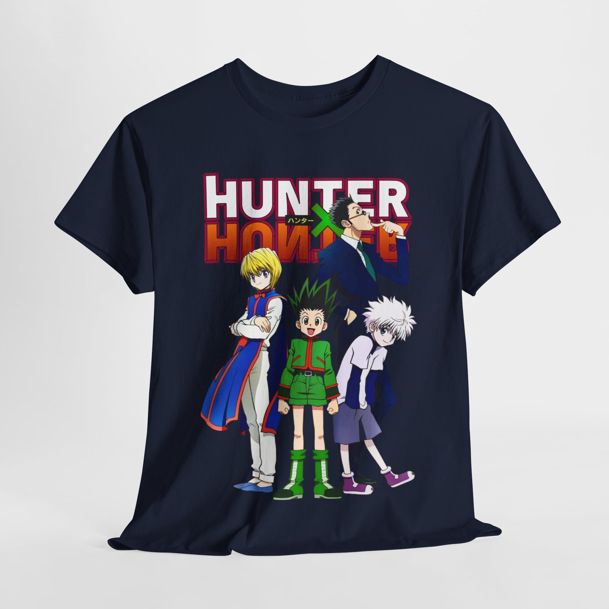 Elegant Hunter x Hunter T-shirt featuring a vibrant group illustration of main characters in vivid colours. Premium quality fabric with bold typography.