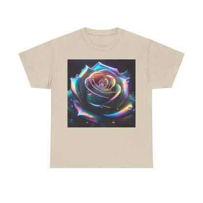 Ethereal Rose Tee Unisex Cotton Graphic T Shirt displaying a stunning artistic rose design in vibrant hues, elegantly presented on a light beige fabric.