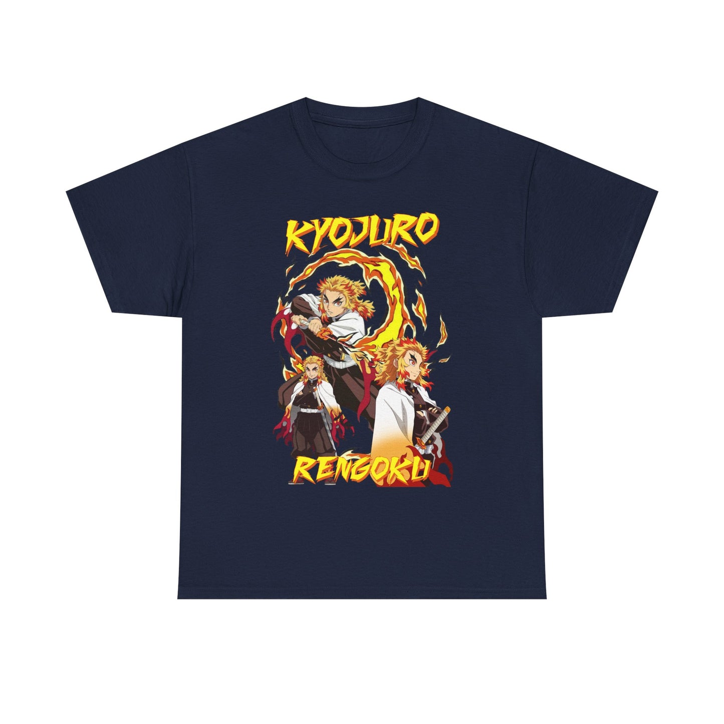 Refined navy Kyojuro Rengoku anime t-shirt featuring stunning artwork of the Flame Hashira, expertly crafted for those who value fashion and fandom in their wardrobe.