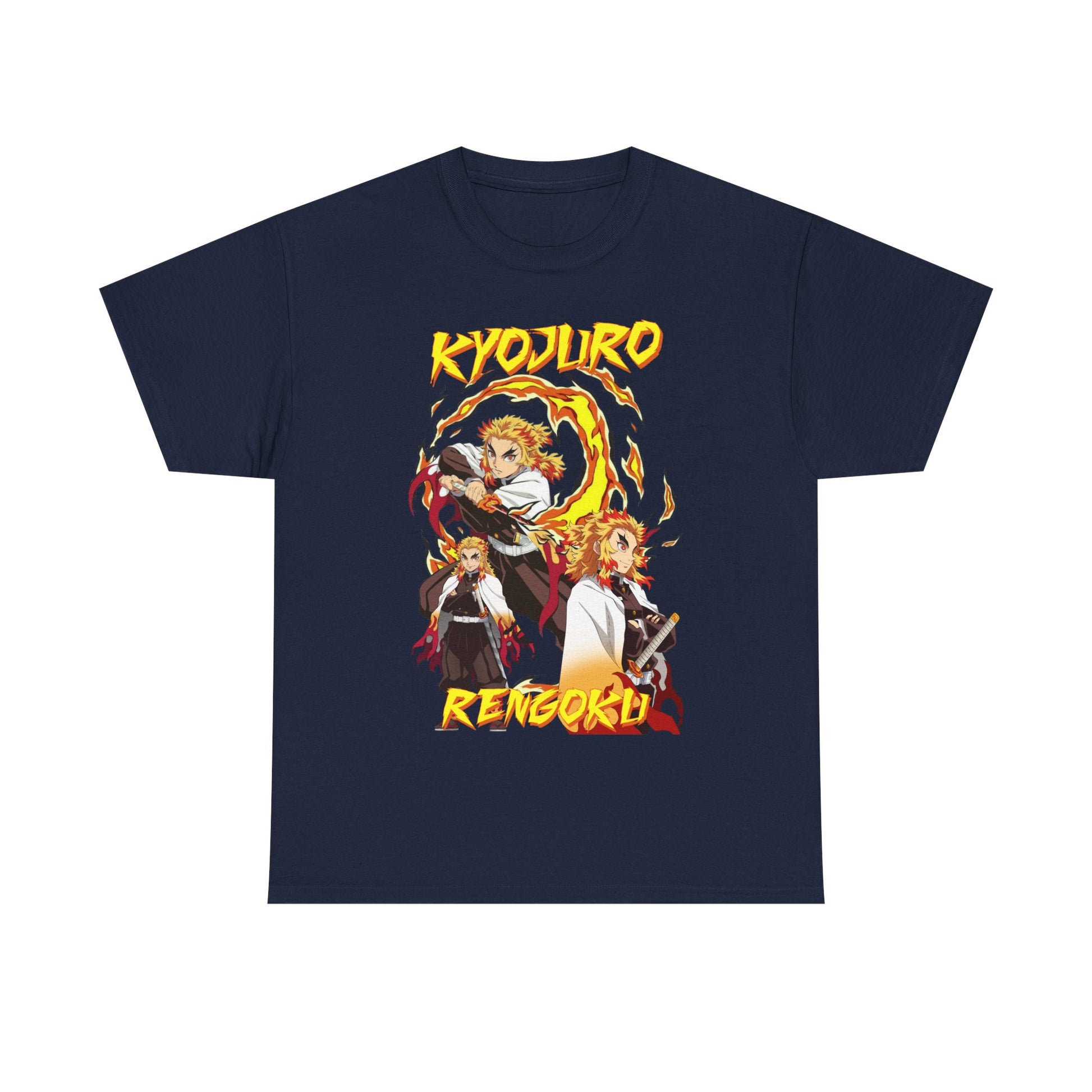 Refined navy Kyojuro Rengoku anime t-shirt featuring stunning artwork of the Flame Hashira, expertly crafted for those who value fashion and fandom in their wardrobe.