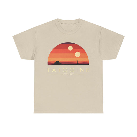 Tatooine Graphic Unisex Tee Shirt in beige colour featuring an exquisite sunset design with two suns, established in 1977. Made from high-quality soft fabric for ultimate comfort.