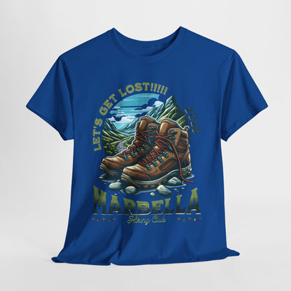 Vibrant Marbella Hiking Club Unisex Graphic Tee in bold blue, featuring an artistic print of hiking boots and a scenic view, perfect for outdoor enthusiasts.