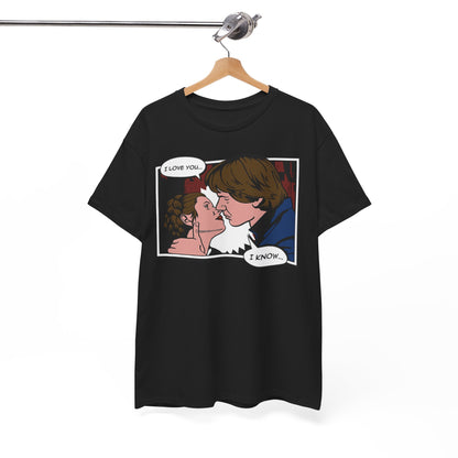 Exclusive Star Wars I Know Funny Graphic T-Shirt elegantly suspended, highlighting a chic comic artwork of Han Solo and Princess Leia locked in a kiss, with their famous dialogue: 'I LOVE YOU... I KNOW...' displayed in a luxurious manner.