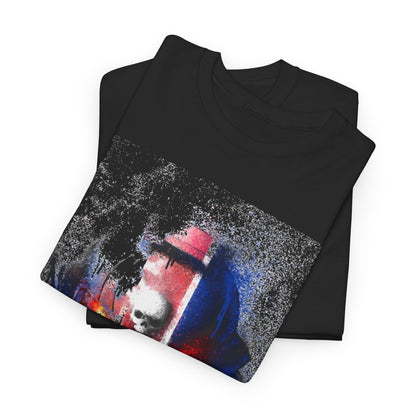 Stacked view of luxurious black graphic t-shirts, showcasing a striking helmet design with vibrant blue and red accents, perfect for stylish streetwear.