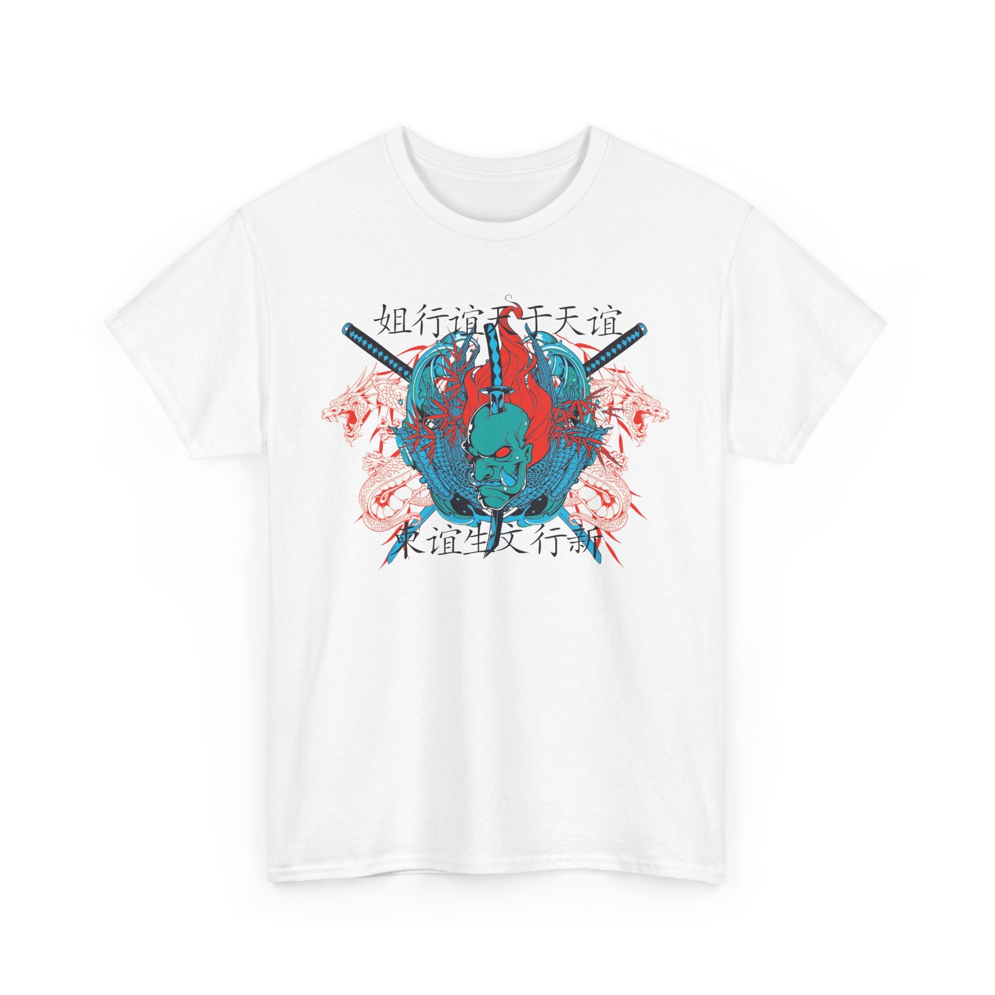 Luxury men's t-shirt featuring a vibrant oni warrior graphic, surrounded by intricate katanas and majestic dragons, embodying traditional Japanese art design.