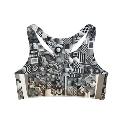 Valentina Belleveau Chic Sports Bra showcasing an artistic blend of geometric designs in monochrome, perfect for stylish fitness enthusiasts.