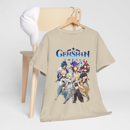 Luxurious Genshin Impact T-shirt featuring vibrant anime-style characters, elegantly displayed on a minimalistic wooden chair alongside a stylish white cap.