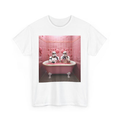 Luxurious white t-shirt featuring a whimsical design of Stormtroopers relaxing in a pink bathtub, surrounded by vibrant bubbles and a soft pastel backdrop.