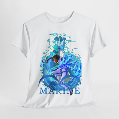 Stylish white t-shirt draped gracefully, displaying a striking marine-themed anime illustration with vibrant blue accents, perfect for a trendy look.