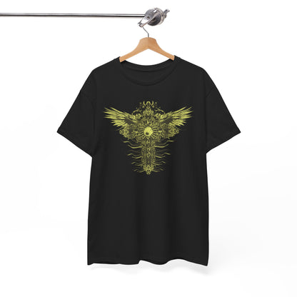 Sophisticated black men's t-shirt elegantly hanging, featuring a radiant yellow emblem of a cross adorned with stylised wings, ideal for luxury wardrobe enhancement.