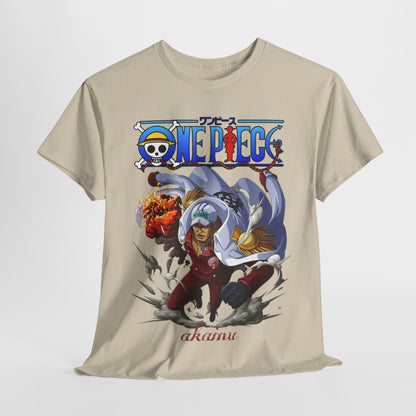 Elegantly displayed One Piece Akainu t-shirt with captivating graphics depicting Akainu in dynamic action, ideal for stylish anime fans.