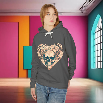 Elegant display of the Unisex Lightweight Hooded Sweatshirt showcasing unique designer skull and roses artwork, worn in a vibrant artistic environment.