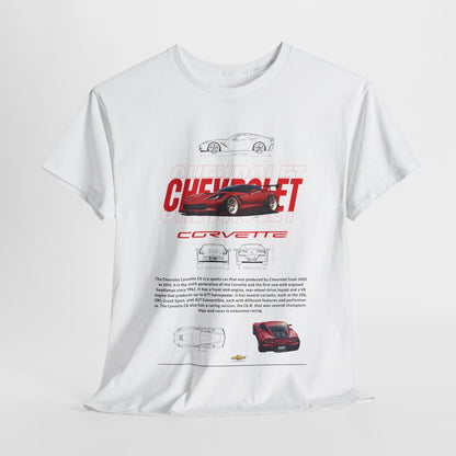 Luxury white men's T-shirt featuring a bold Chevrolet Corvette C6 graphic design and technical sketches, showcasing the elegance and power of American muscle cars.