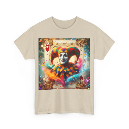 Harlequin Playing Card Graphic Tee - Unisex, Premium Cotton, Unique Vintage Design - Front view featuring a vibrant harlequin graphic with a playful card design.