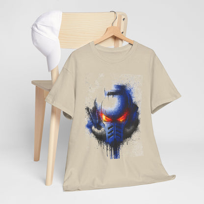 Luxurious beige graphic t-shirt featuring a striking close-up design of a blue and black helmet with glowing red eyes, elegantly displayed on a minimalist wooden chair with a white cap.