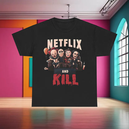 Trendy 'Netflix and Kill' Graphic T-Shirt depicting favourite horror movie characters, offering a unique union of art and style.