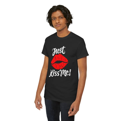 Luxurious black graphic t-shirt for men and women featuring a playful red lip design with the text 'Just Kiss Me!' exuding charm and spontaneity, perfect for casual outings and gatherings.