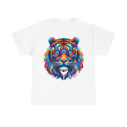 Tiger's Whimsy Graphic Tee - Unisex luxury t-shirt in pristine white with a captivating kaleidoscopic tiger design, embodying artistry and sophistication.