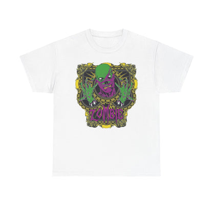 Luxury undead-themed graphic T-shirt featuring a striking green-skinned zombie illustration with vibrant purple accents, adorned with intricate ornamental designs.