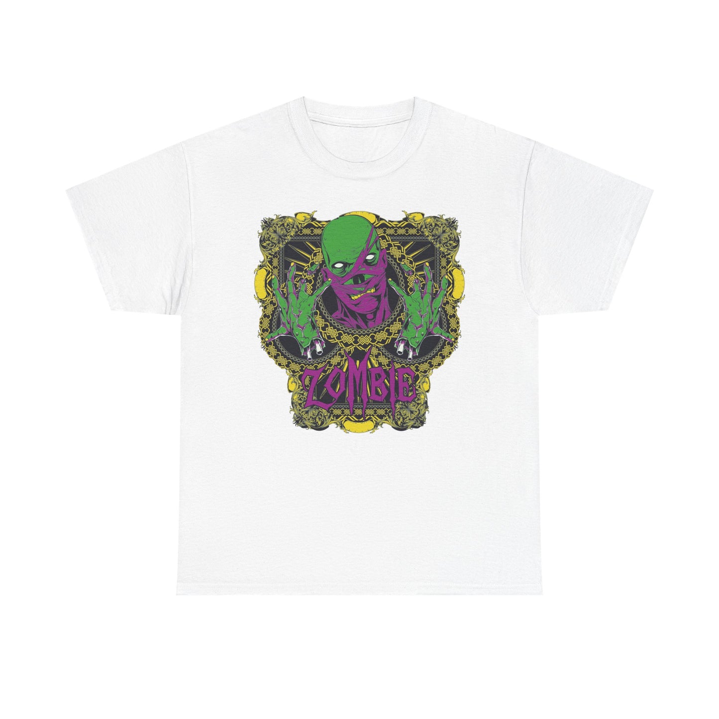 Luxury white men's T-shirt featuring a striking zombie graphic design with vibrant green skin and purple bandages, surrounded by intricate yellow patterns and bold 'ZOMBIE' text.