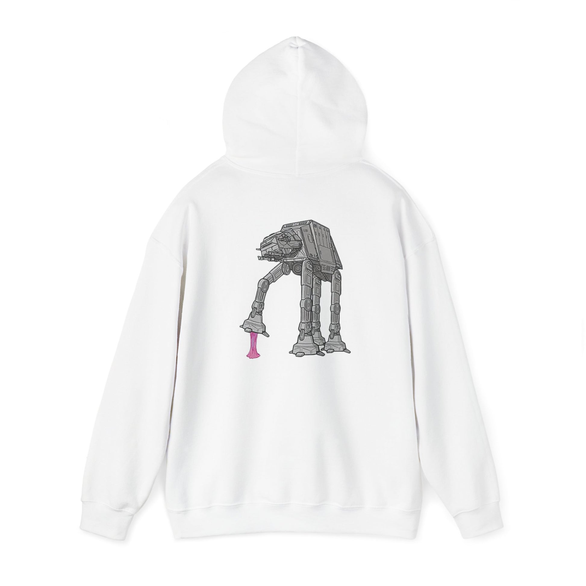 Unique back design of a white hoodie featuring a monochrome illustration of the iconic AT-AT from Star Wars with pink gum accents.