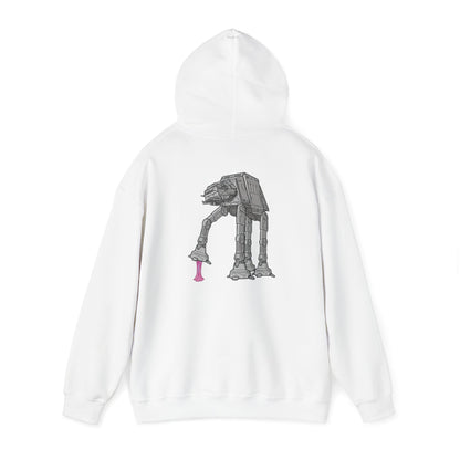 Unique back design of a white hoodie featuring a monochrome illustration of the iconic AT-AT from Star Wars with pink gum accents.