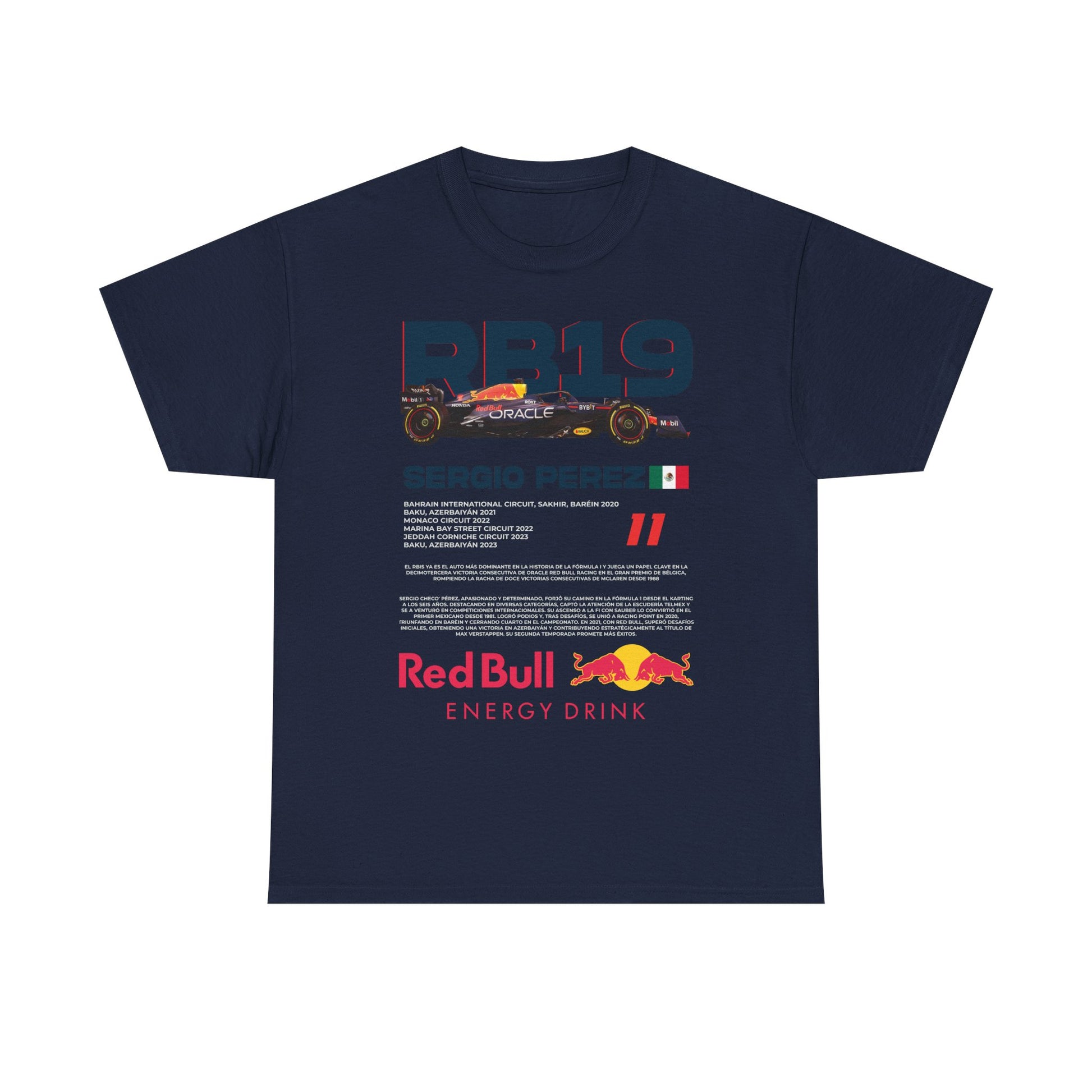 Sophisticated navy men's t-shirt highlighting the RB19 graphic, celebrating Sergio Perez's racing achievements with luxurious Red Bull detailing.