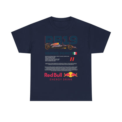 Sophisticated navy men's t-shirt highlighting the RB19 graphic, celebrating Sergio Perez's racing achievements with luxurious Red Bull detailing.