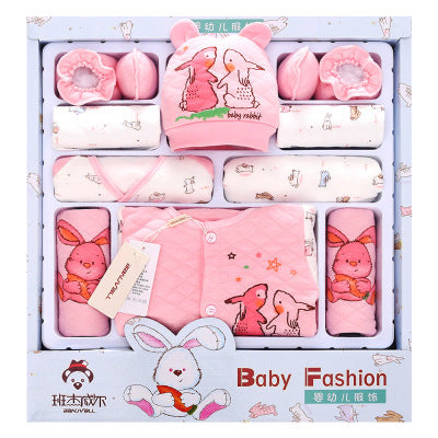 Luxurious Cotton Multi-Piece Padded Baby Clothes Set featuring a delightful Thickened Radish Rabbit design in pink, elegantly arranged in a gift box for newborns by Dazzling Dreams Studio.