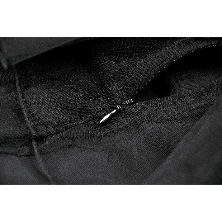 Luxurious Dark in Love gothic mini skirt with layered black tulle and sleek faux leather waistband, featuring striking studded O-rings for an edgy yet elegant look.