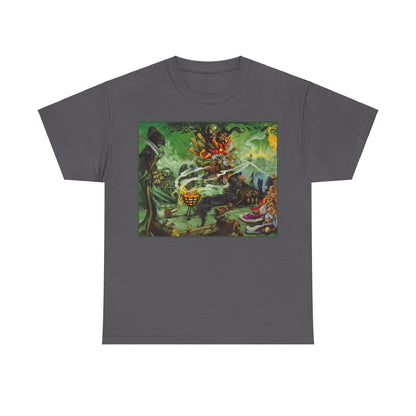 Stylish Discworld Wyrd Sisters Graphic Unisex T Shirt Tee highlighting a beautifully illustrated scene of fantasy and magic.