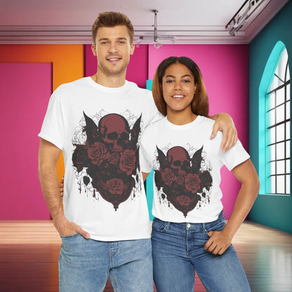 Stylish couple wearing Skulls and Roses Cotton Tee, a unisex graphic shirt featuring a stunning design of skulls and roses, embodying luxury and edgy aesthetics.