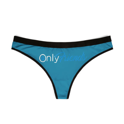 Chic view of sky blue thong panties featuring the 'OnlyFriends' logo, designed for comfort and playful allure, perfect for modern women.
