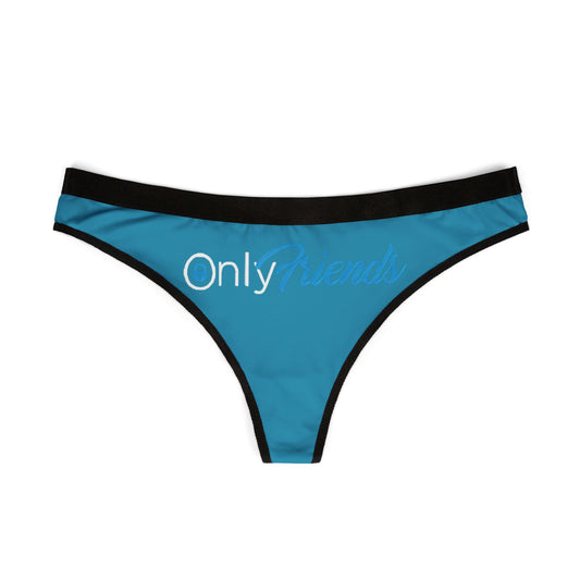 Chic view of sky blue thong panties featuring the 'OnlyFriends' logo, designed for comfort and playful allure, perfect for modern women.