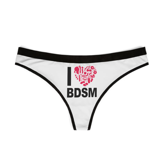 Chic white women's thong adorned with the phrase 'I love BDSM' complemented by vibrant red illustrations, perfect for adding a cheeky touch to your intimate wardrobe.
