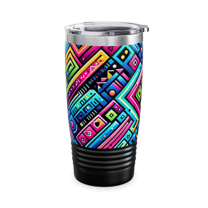 Elegant close-up of the Neon Verve Mirage 20 Oz Insulated Stainless Steel Travel Tumbler from Dazzling Dreams Studio, highlighting its exceptional insulation and spill-resistant lid.