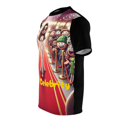 Model wearing the Celebrity Glamour Cartoon Tee at a star-studded event, embodying Hollywood glamour and style by Dazzling Dreams Studio.