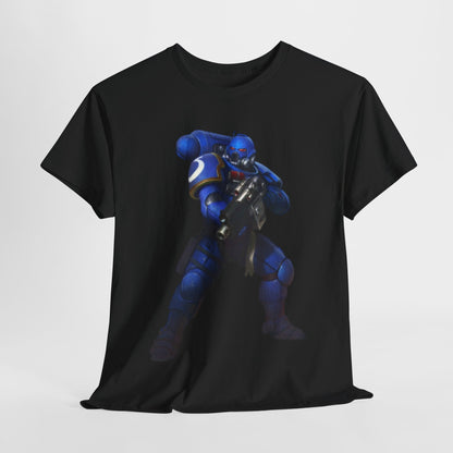 Elegant black unisex graphic t-shirt featuring a vibrant illustration of a blue-armoured warrior, perfect for urban fashion and sci-fi enthusiasts.