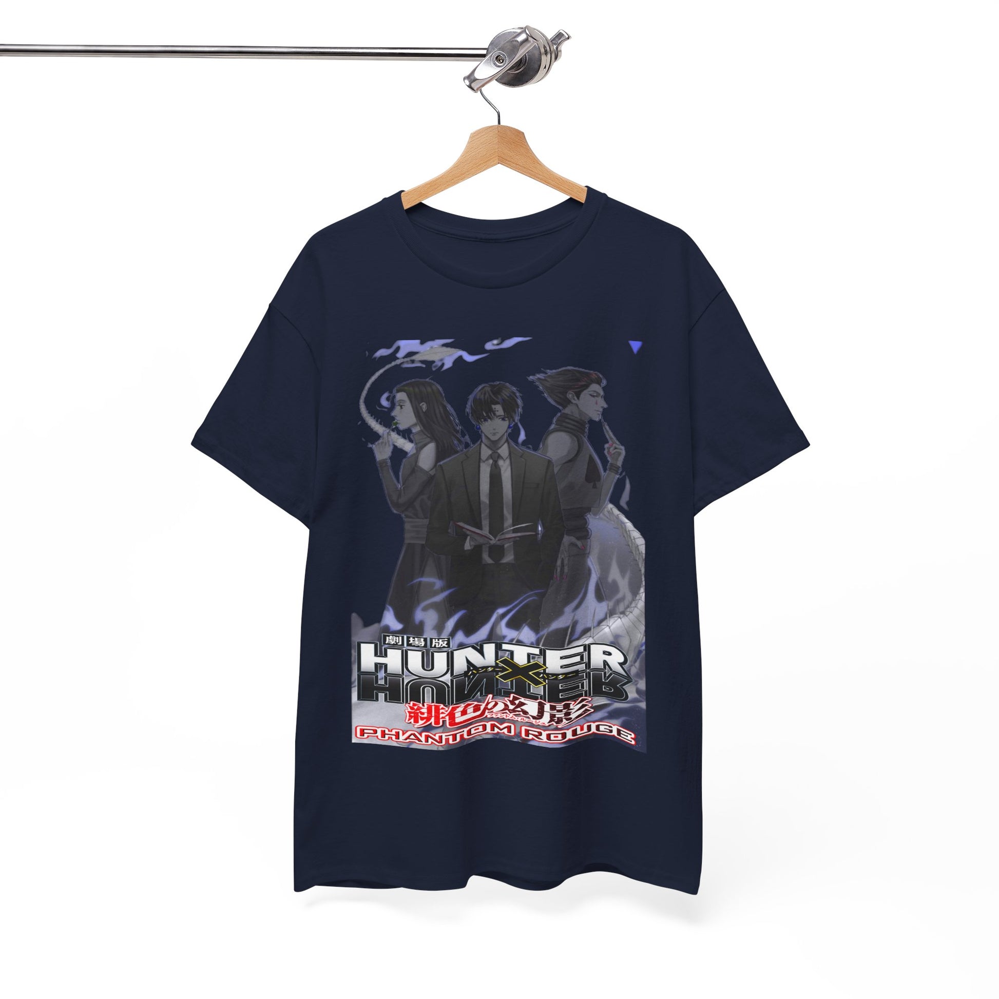 Chic Hunter x Hunter Phantom Rouge T-shirt elegantly displayed on a hanger, featuring captivating character art in monochrome, perfect for anime fans.