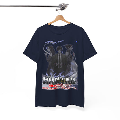 Chic Hunter x Hunter Phantom Rouge T-shirt elegantly displayed on a hanger, featuring captivating character art in monochrome, perfect for anime fans.