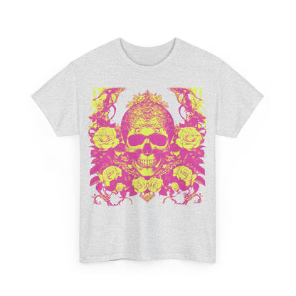 Vibrant front view of the Skulls and Roses Cotton Tee featuring intricate skull and rose graphic, highlighting its edgy aesthetic and comfort.