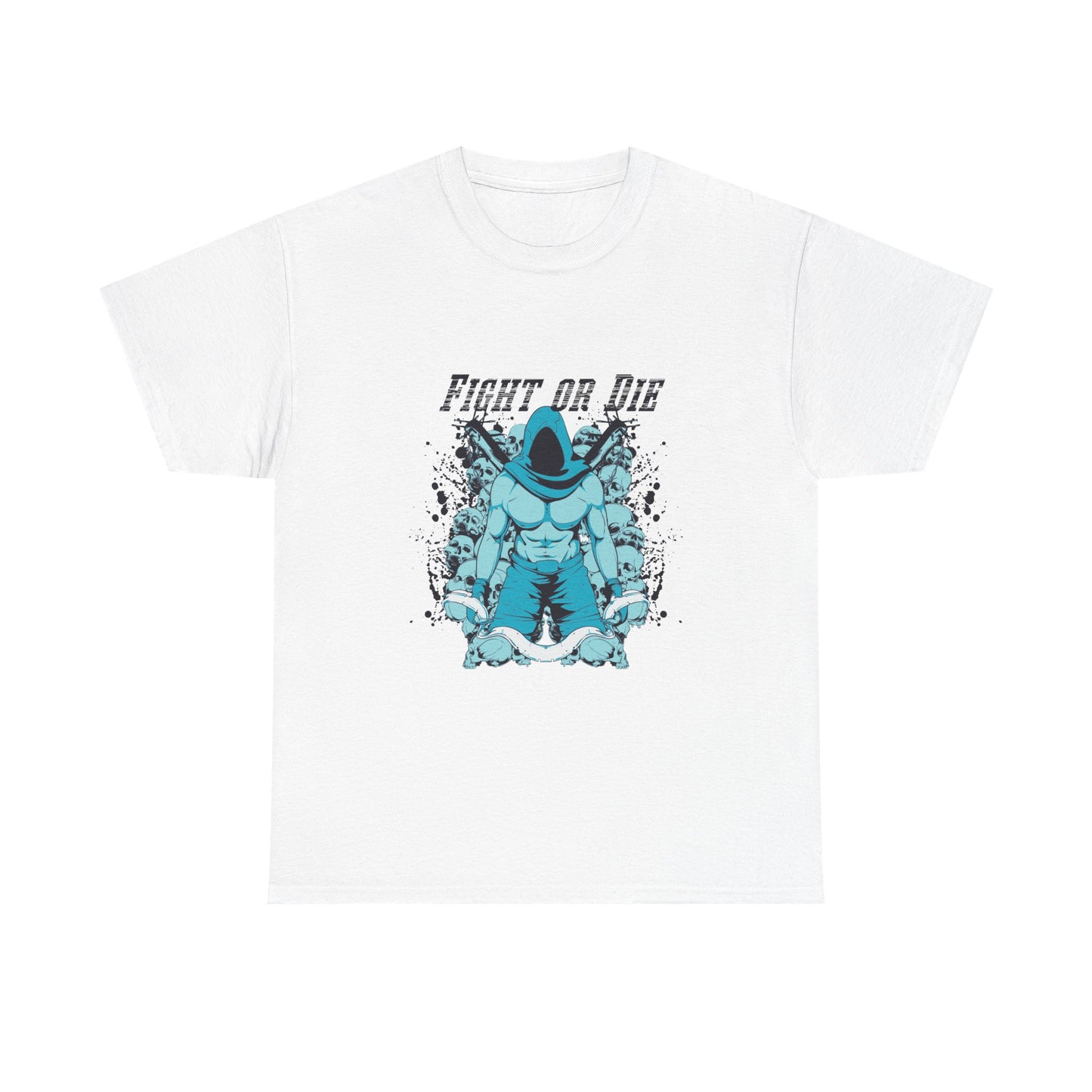 FIGHT OR DIE Muscular Graphic Men's T-Shirt showcasing a bold central design with a formidable warrior figure in teal and turquoise, complemented by a dark navy hooded robe, perfect for style and power.