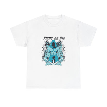 FIGHT OR DIE Muscular Graphic Men's T-Shirt showcasing a bold central design with a formidable warrior figure in teal and turquoise, complemented by a dark navy hooded robe, perfect for style and power.